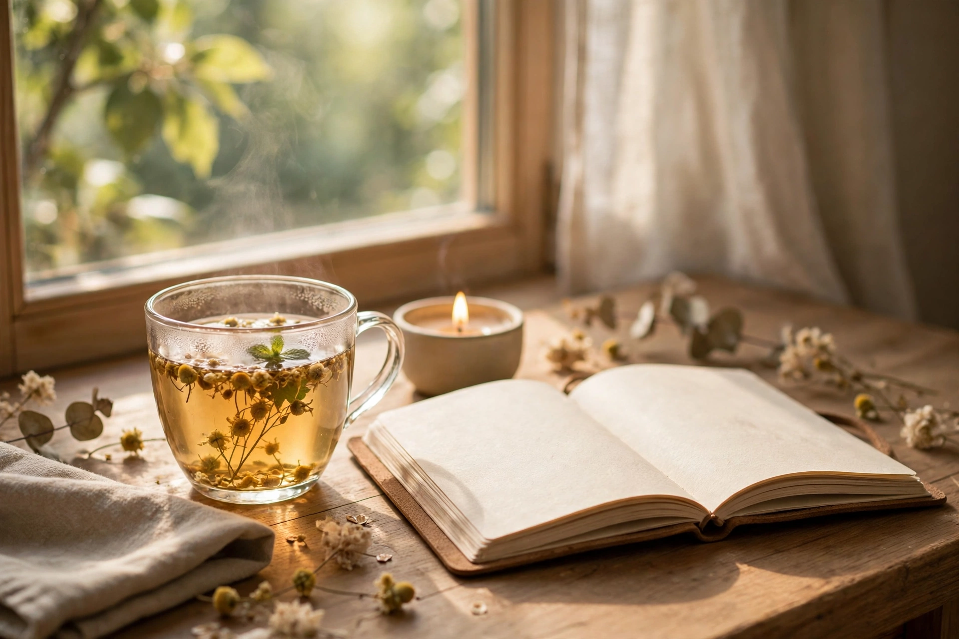 Self-care scene with tea, journal and candle by a sunny window — self love quotes