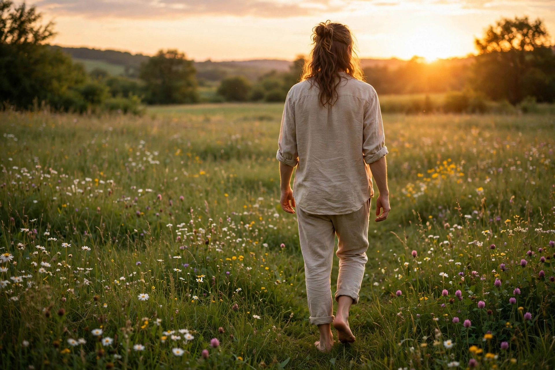 Person walking peacefully through a meadow at golden sunset — self love quotes about self worth
