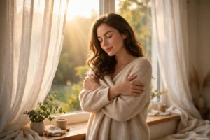 Woman in serene morning light embracing herself — self love quotes