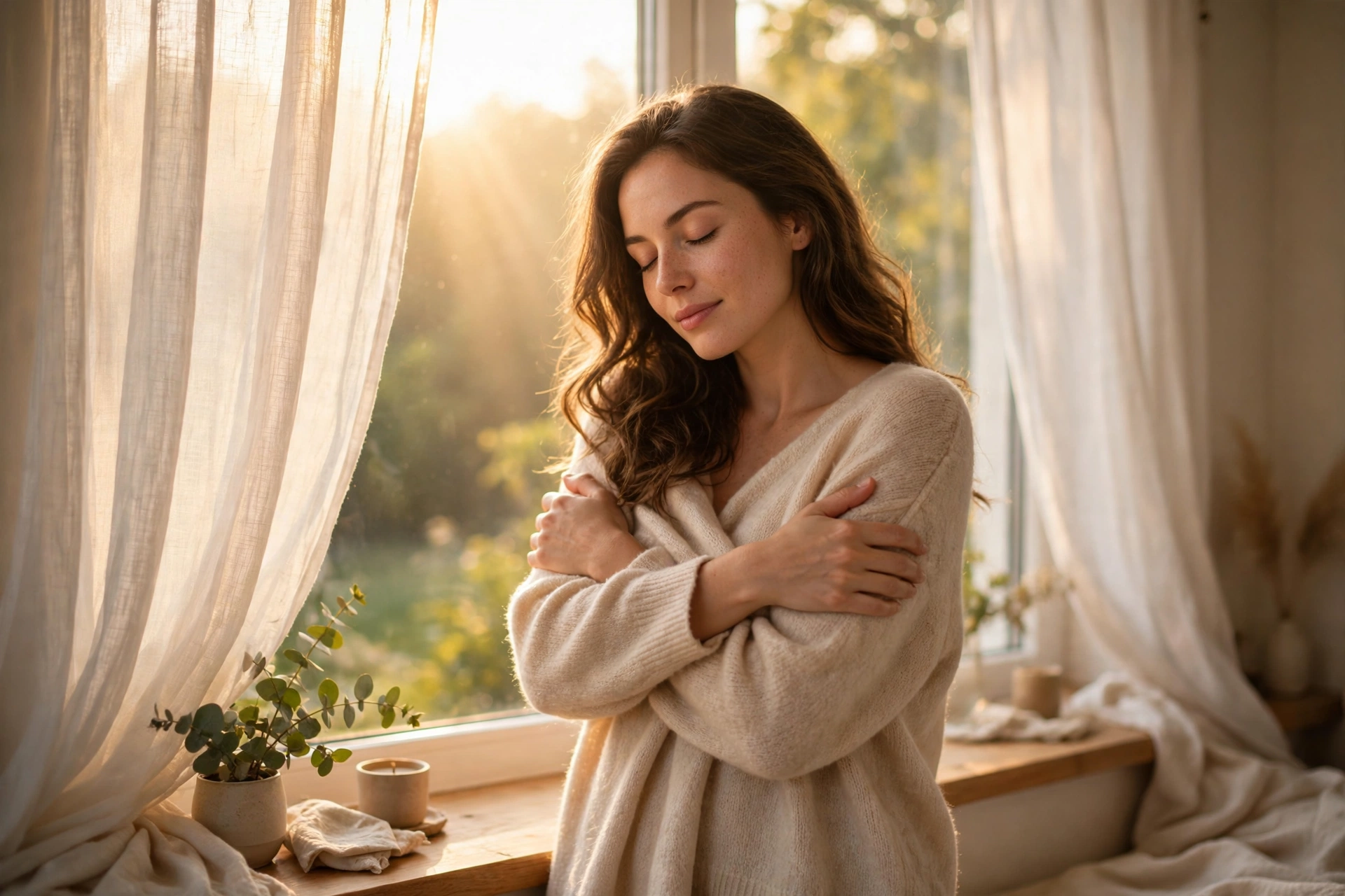 Woman in serene morning light embracing herself — self love quotes