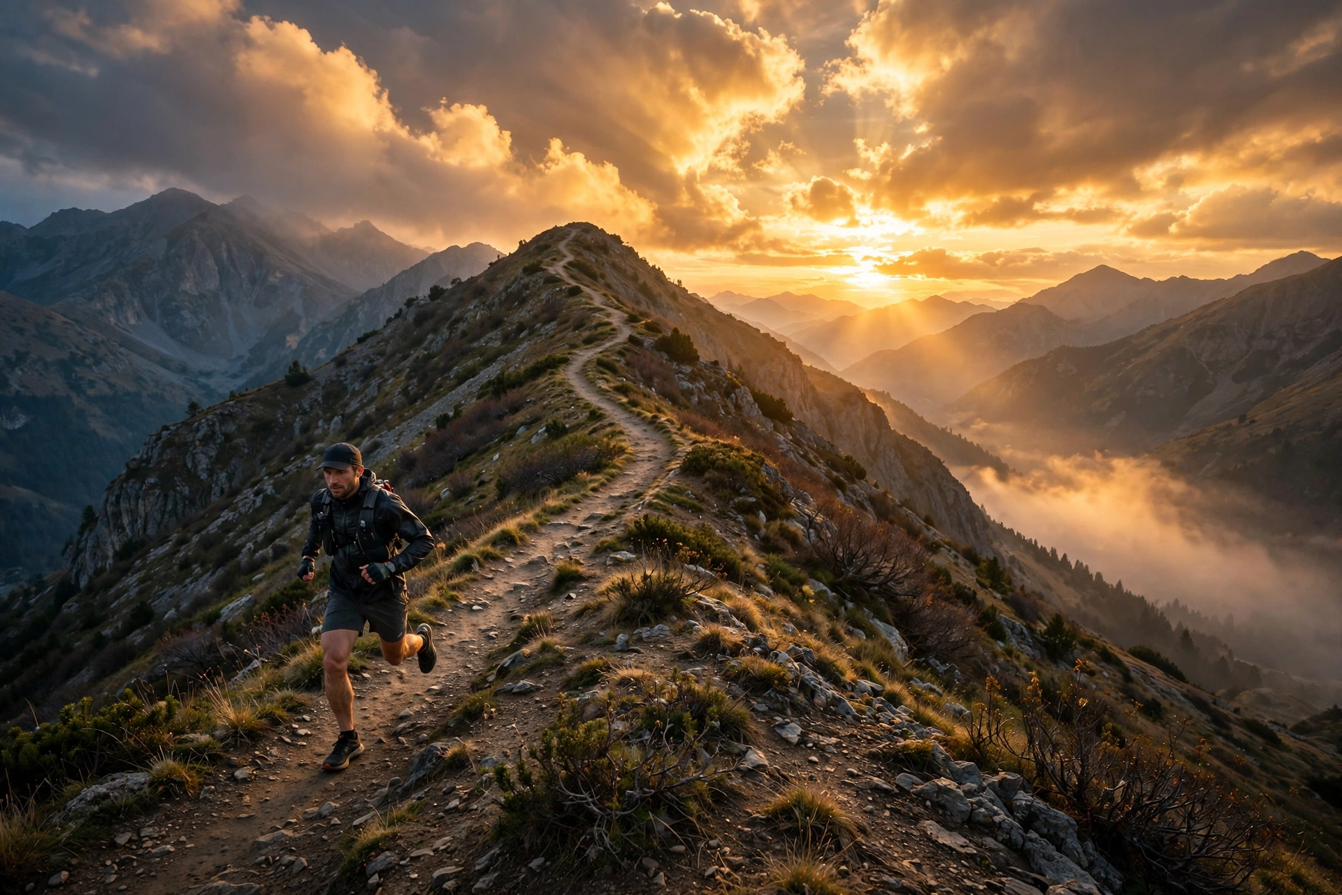 Success quotes about hard work — runner sprinting up a mountain trail at dawn
