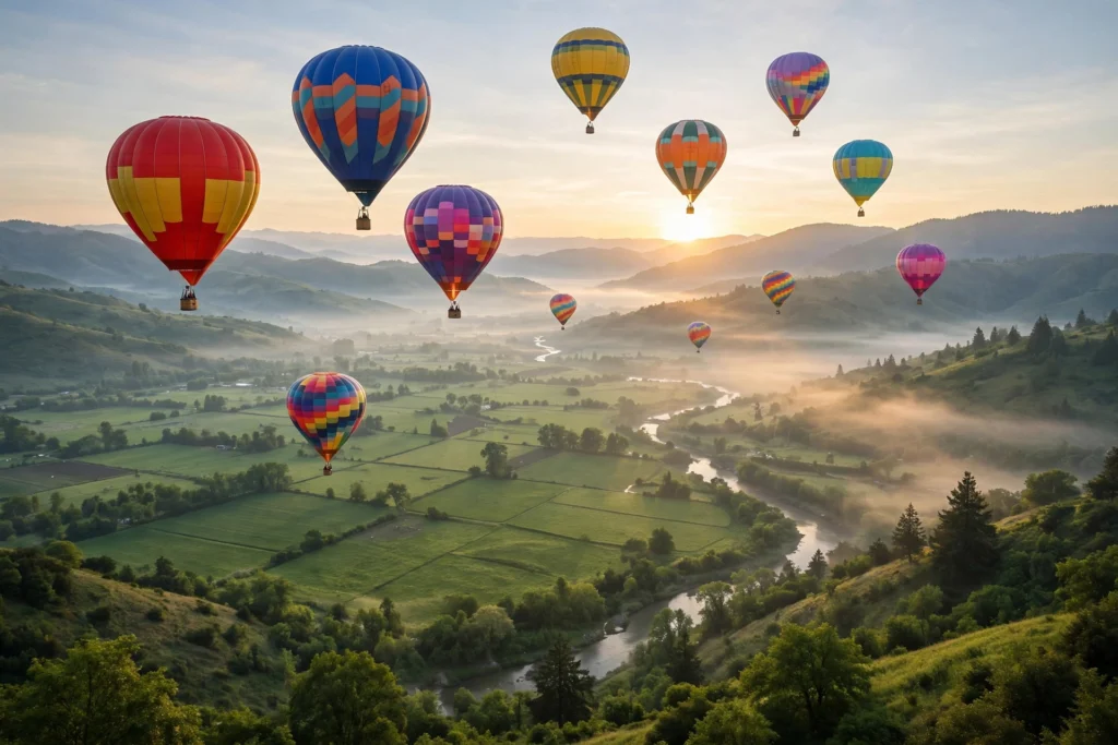 Hot air balloons rising over a valley at sunrise — success quotes about ambition