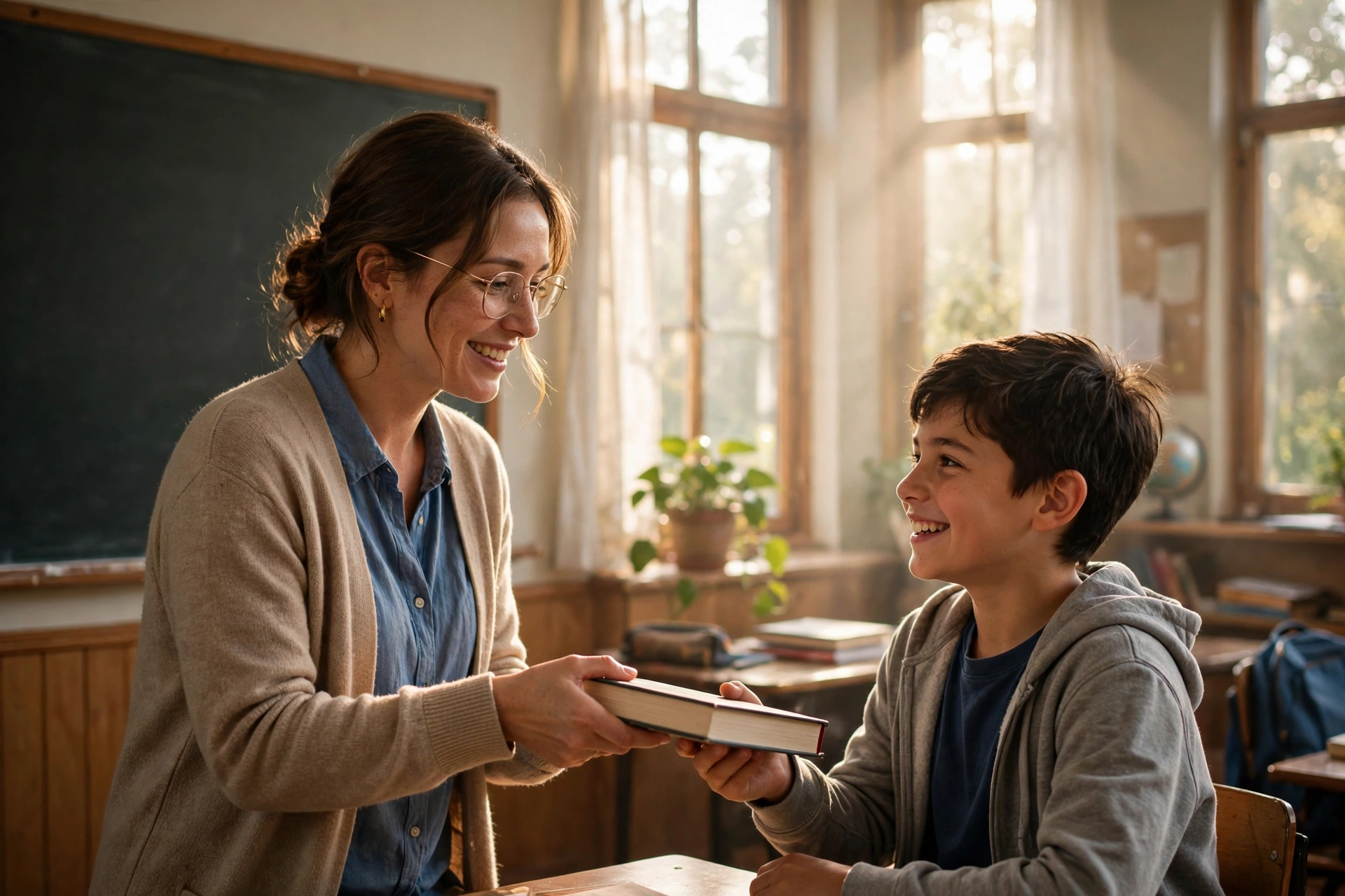 teacher quotes: Teacher handing a book to a smiling student in a bright classroom