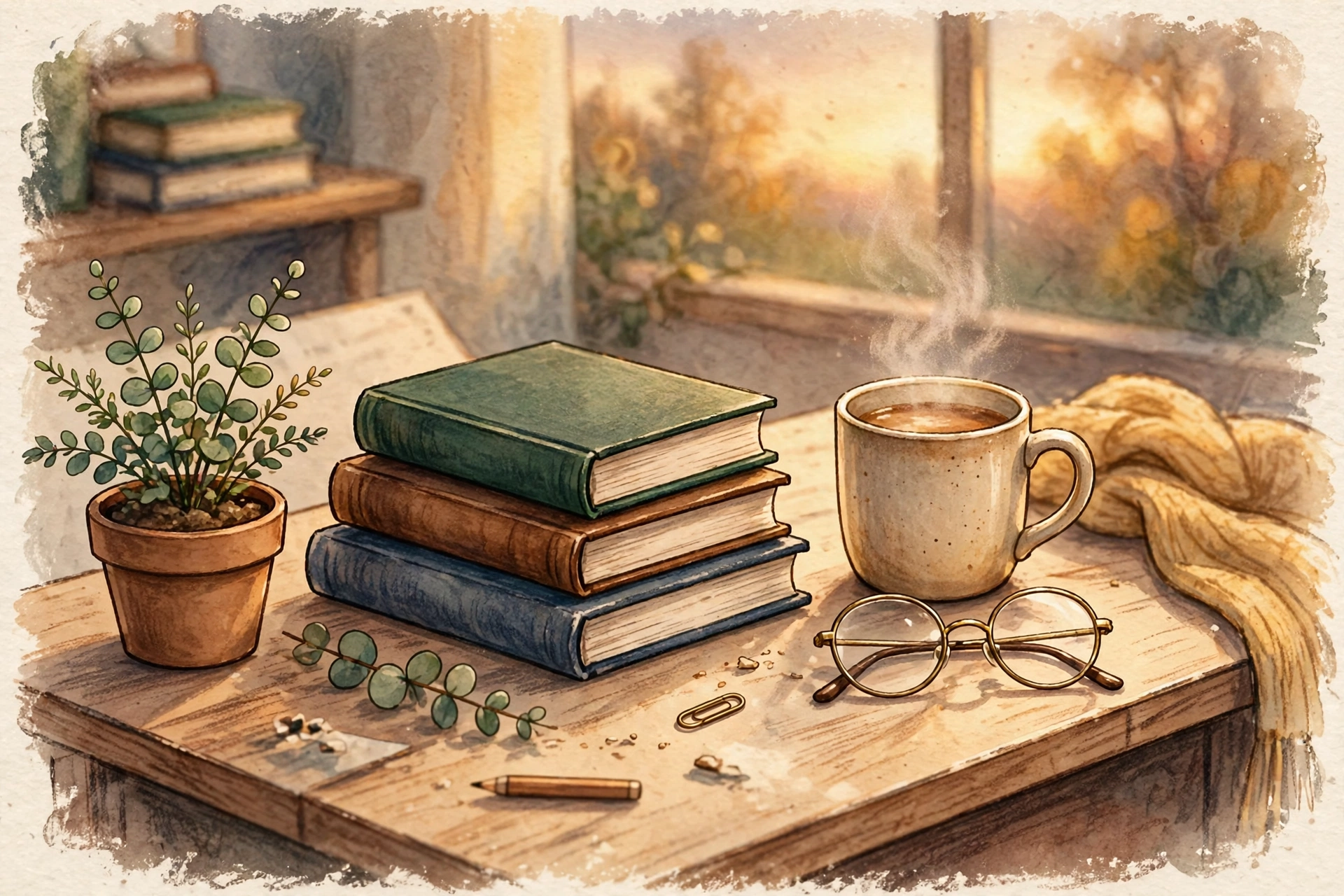 teacher quotes: A teacher desk with books, a mug and a plant in warm light