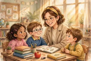 teacher quotes: Teacher sharing a book with students in a classroom