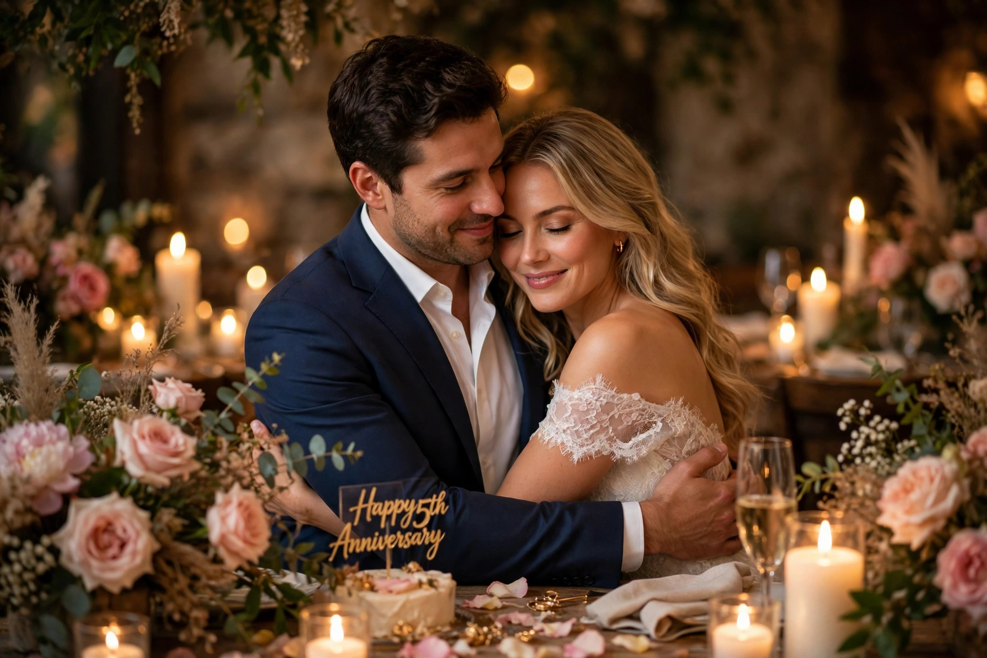 Wedding anniversary quotes — romantic couple celebrating their anniversary with flowers and candlelight